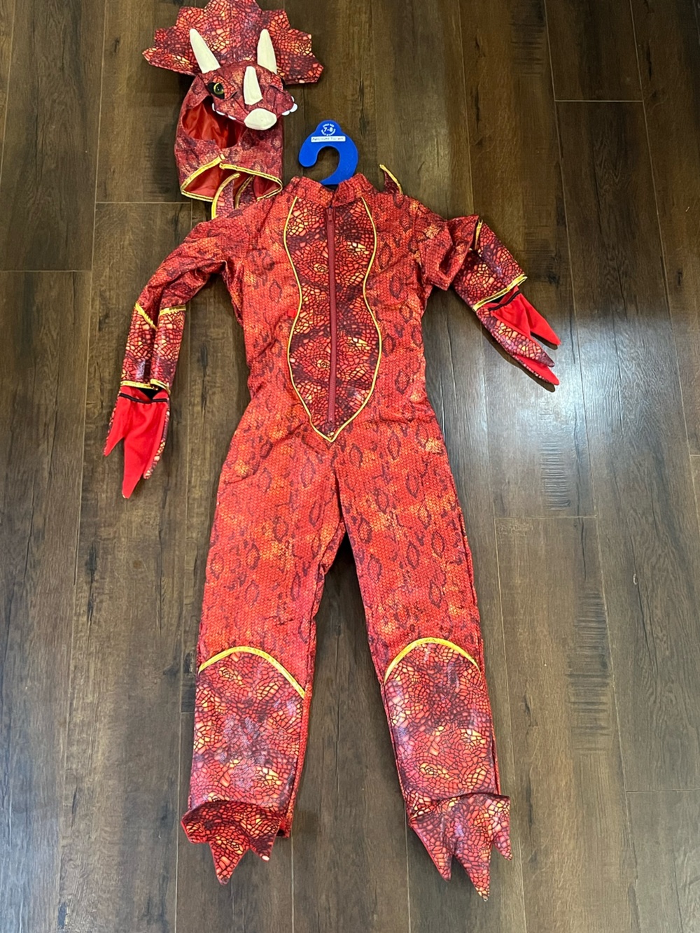 Kids Red Triceratops Costume with Gold Trim - Halloween Jumpsuit & Hood